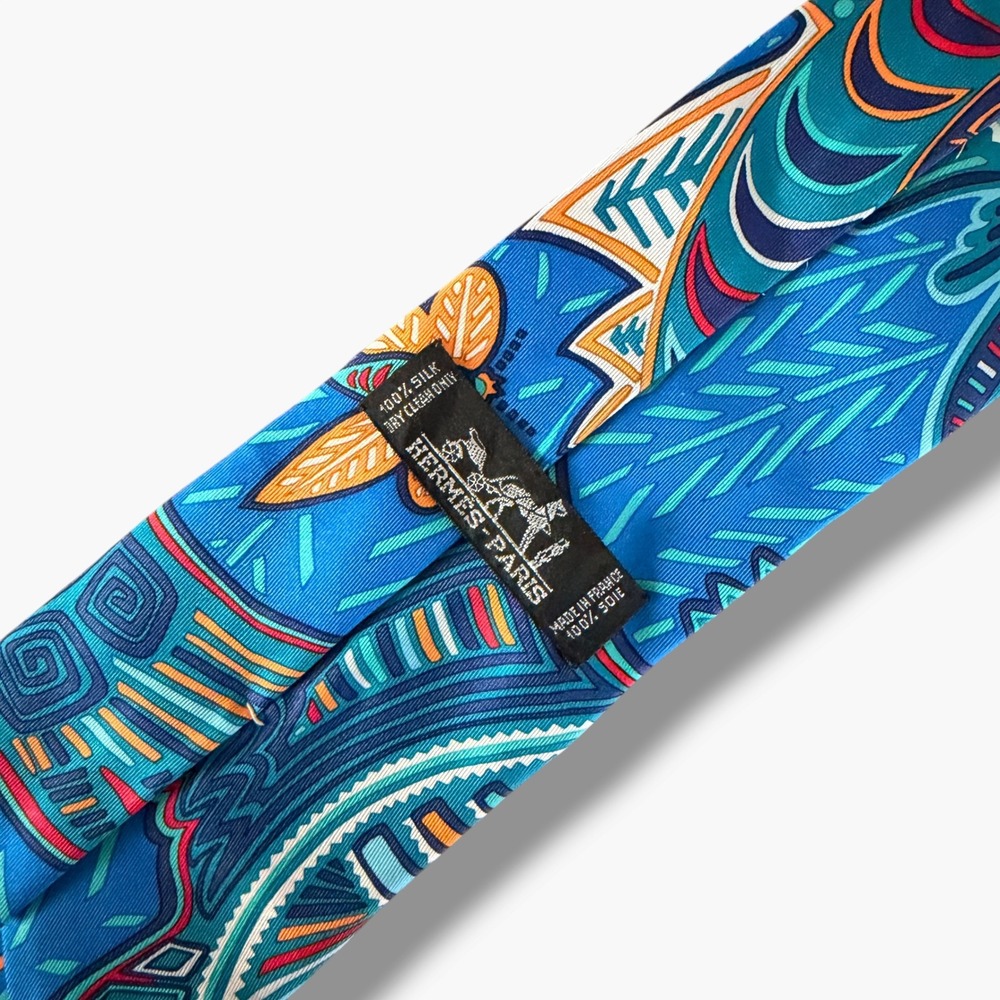 Hermes Necktie Mens Blue Multi Silk Abstract Bird Geometric Legende Kuna Vintage
